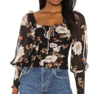 Astr Ruched Square Neck Black Floral Metallic Long Sleeve Blouse